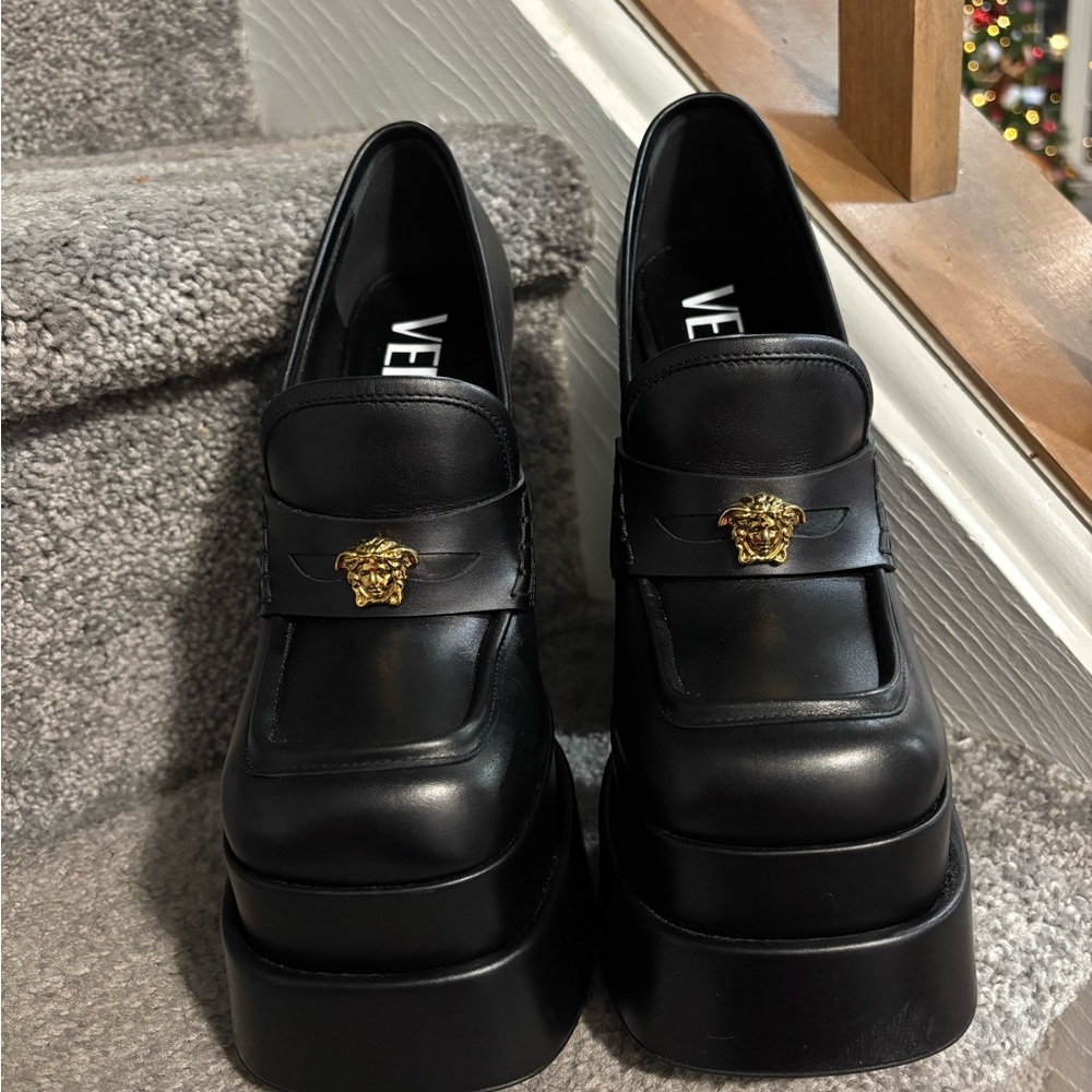 Versace Black Leather Platform Loafers with Gold Medusa Accent